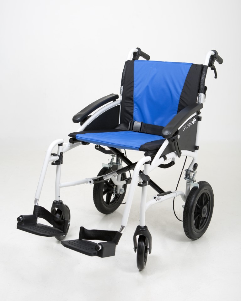 Excel G-Logic Lightweight Transit Wheelchair With 18'' White Frame and Blue Upholstery